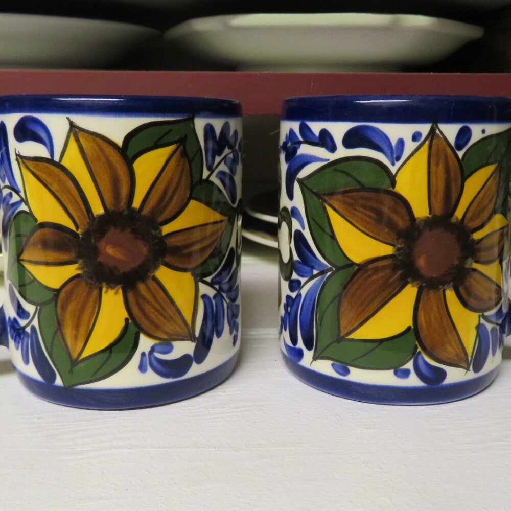 Pair Pottery Mugs SUNFLOWER on Blue (DK693)